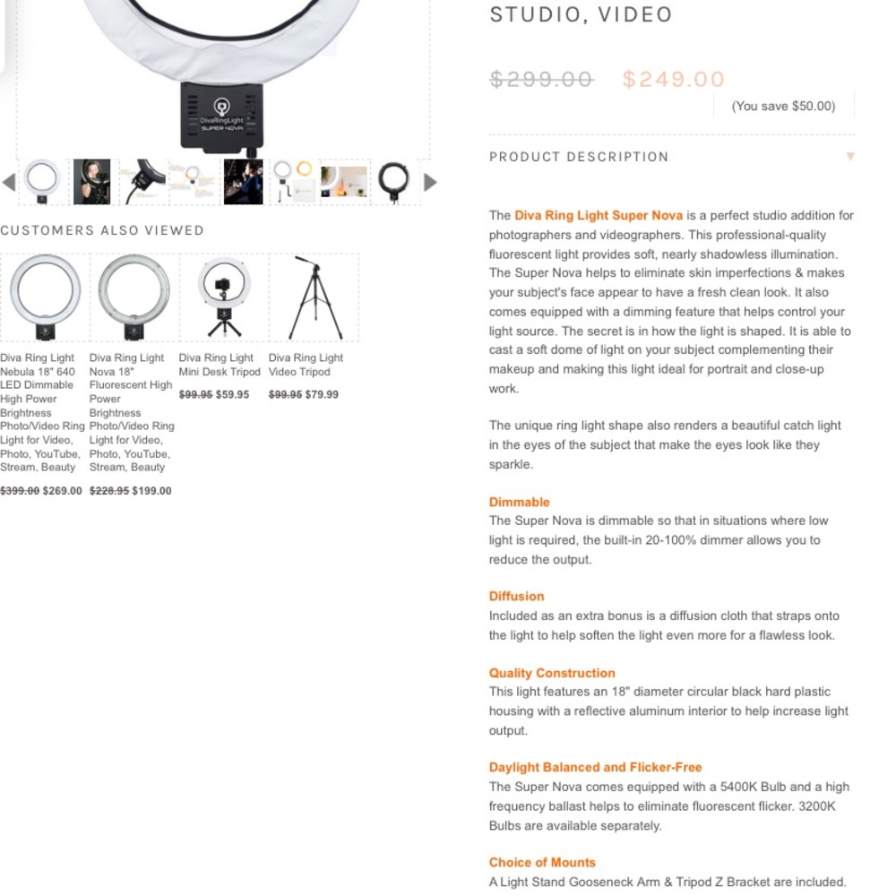 DIVA RING LIGHT SUPERNOVA 18" CRI 95 TRUE TO COLOR DAYLIGHT MATCH FLUORESCENT